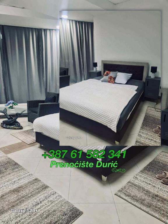 a bedroom with a bed and a couch and rugs at Durić doo in Cazin