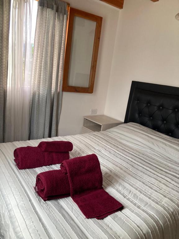 een slaapkamer met 2 rode handdoeken op een bed bij cabaña La Ufu 2 in Las Golondrinas