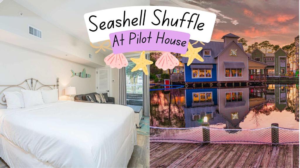 a bedroom with a bed and a painting of a house at Seashell Shuffle at Sandestin Pilot House in Destin