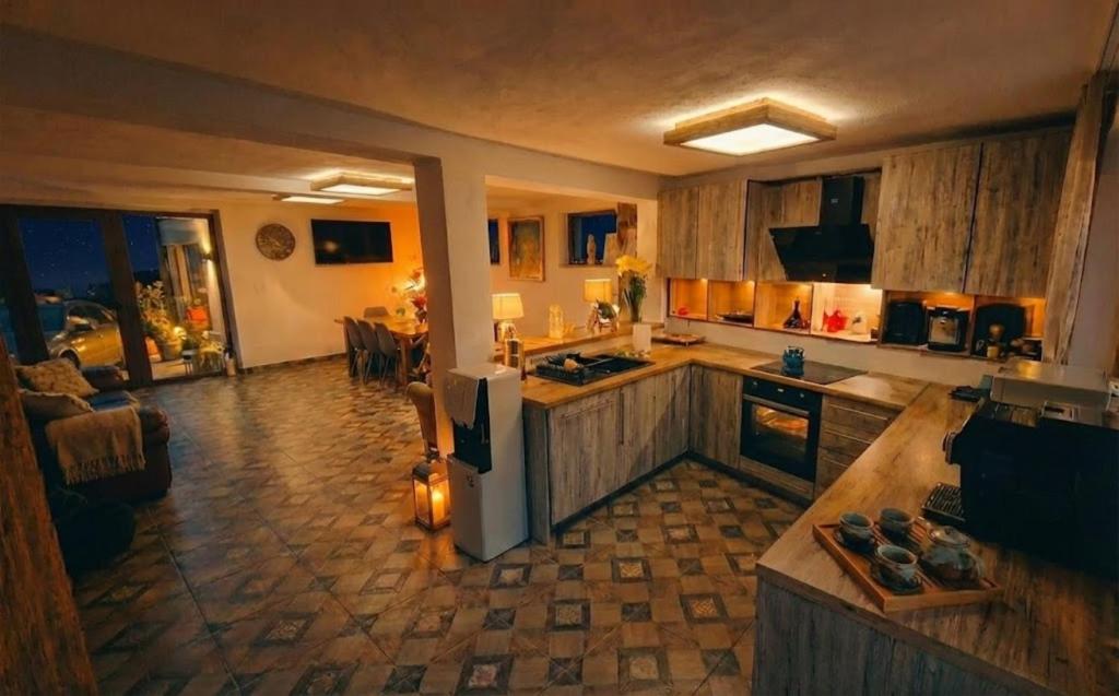 eine Küche mit einem Kühlschrank und ein Wohnzimmer in der Unterkunft Casa de sub Brazi Relaxare la munte cu Ciubar in Fîntînele
