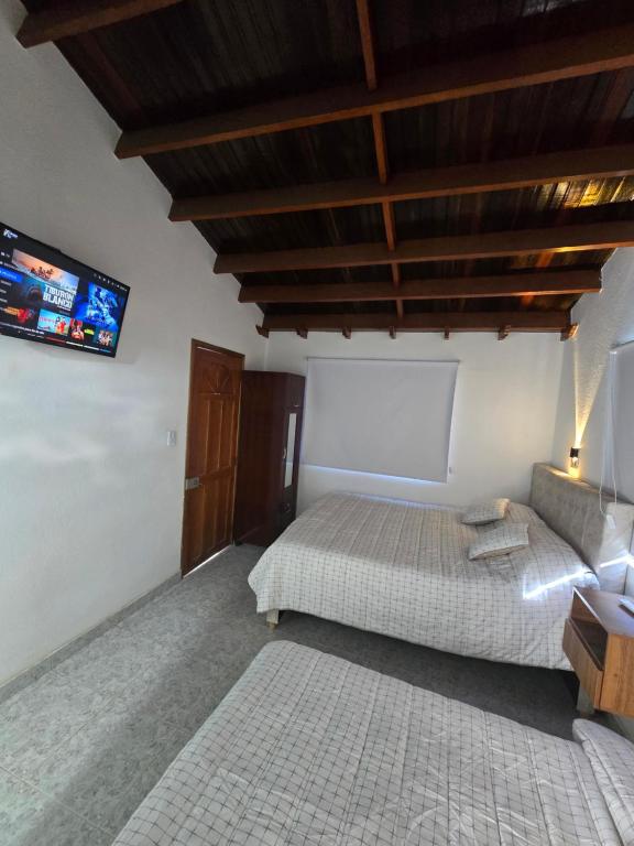 een slaapkamer met een bed en een flatscreen-tv bij Hospedaje Bella Vista in Guatavita