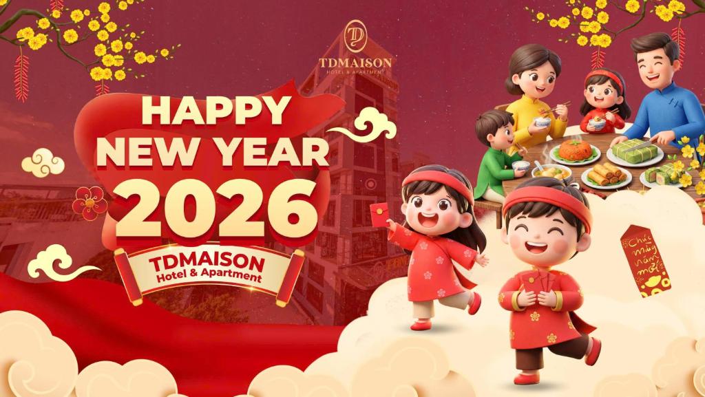 Een nieuwjaarswenskaart met een groep kinderen die op een taart staan. bij TDMAISON Hotel & Apartment in Vung Tau