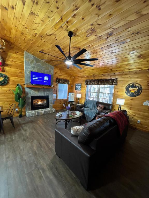 a man sitting on a couch in a living room at Hillside Hideaway Cabin in Blairsville
