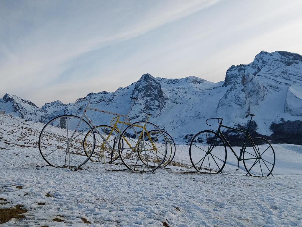 Twee fietsen geparkeerd in de sneeuw met bergen op de achtergrond. bij Arriu Mage 105 in Bielle