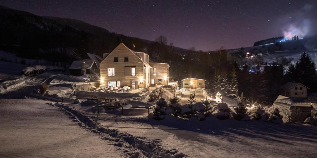 une maison avec des lumières de Noël dans la neige la nuit dans l'établissement Penzion Kolovna, à Hynčice pod Sušinou