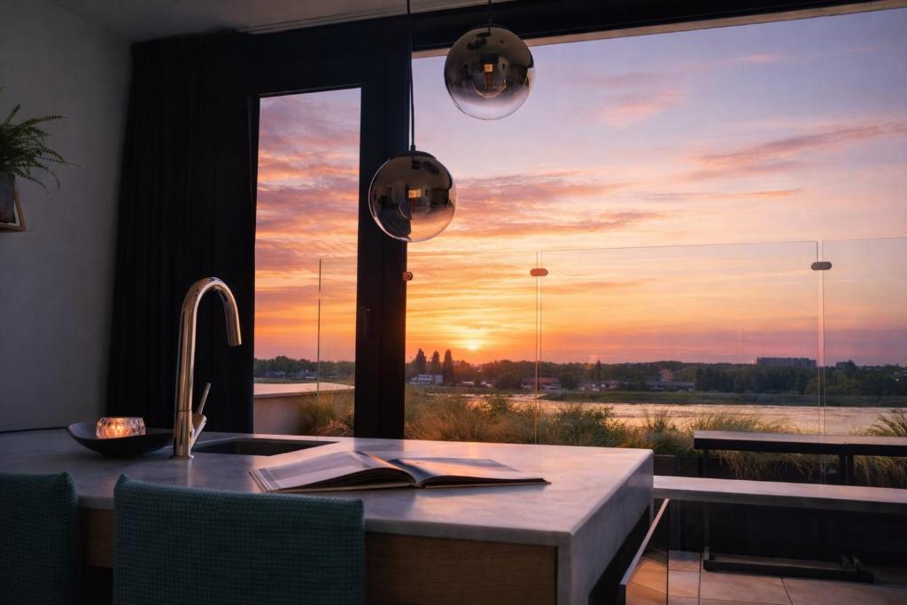a dining room table with a view of a sunset at SLEEP INN - Kaai11, Riverview Lofts & Suites in Antwerp