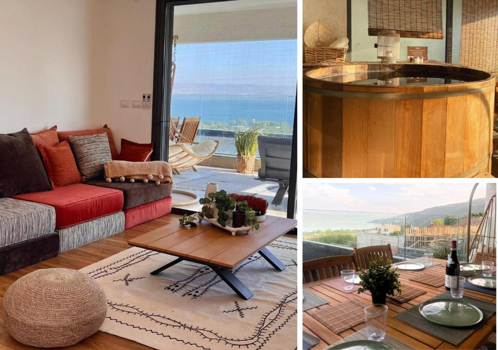 een woonkamer met een bank en een tafel bij הדירה- C Lake, סי כנרת in Migdal