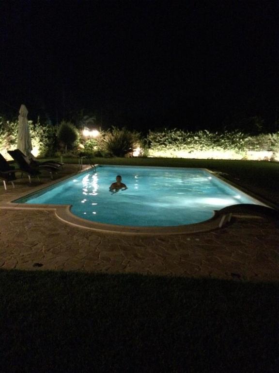 a person in a swimming pool at night at Renaissance Holidays Villa in Nea Kalikratia