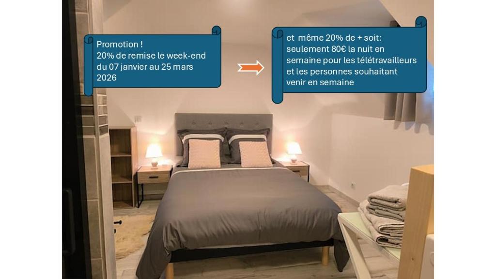 ein Schlafzimmer mit einem Bett in einem Zimmer mit einem Spiegel in der Unterkunft Gite Bonheur et Charme Spa-Sauna forfait 2h inclus in Kintzheim