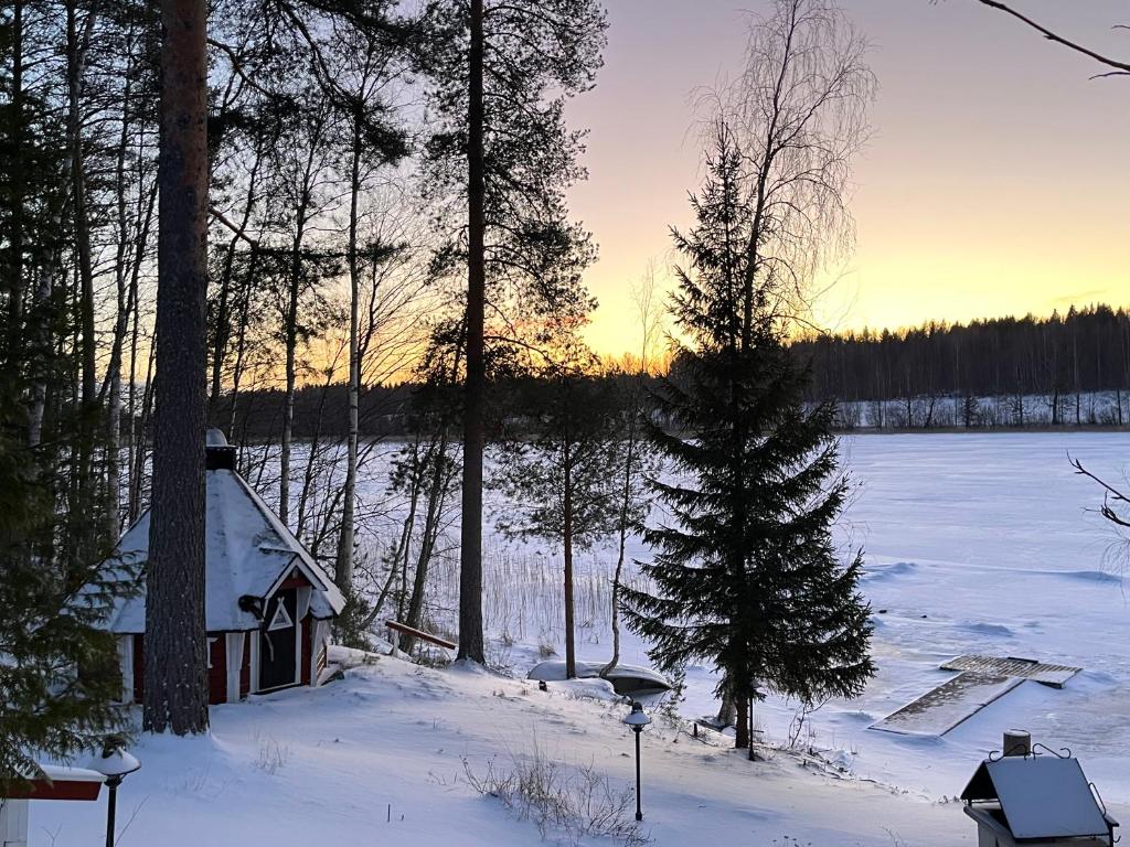 Semi-detached cottage by the lake om vinteren