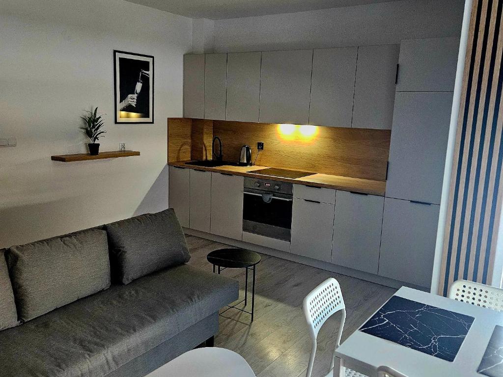 un soggiorno con divano e cucina di Apartament Studio Centrum a Człuchów