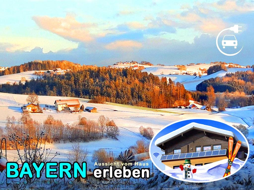 een foto van een gebouw in de sneeuw bij BayerischerWald-Ferien-Blockhaus-Panoramablick-Grafenau Haus im Wald-Vogelthenne 19, fast Alleinlage-ILZtal-Blick nähe Rothauer, Saldenburger, Ebenreuther und Eginger See im Dreiburgenland, unweit der Stadt PASSAU an der Donau Inn und ILZ in Grafenau