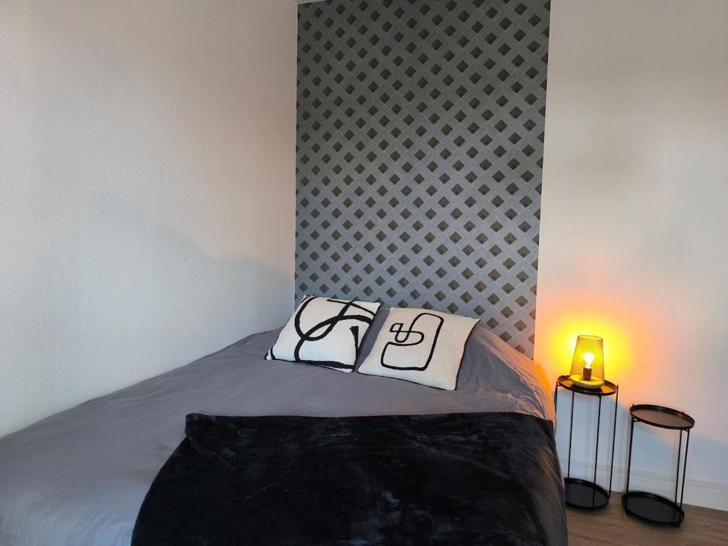 ein Schlafzimmer mit einem Bett und zwei Kissen darauf in der Unterkunft Le 6, bedandberry private parking in Châteauroux