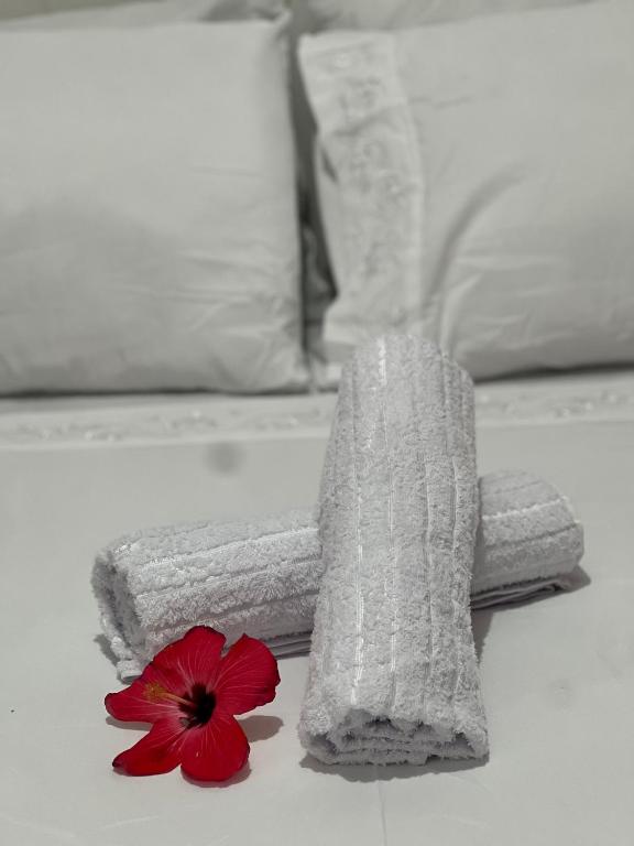a towel with a red flower next to a bed at 1 Quarto passos da praia in Fortaleza