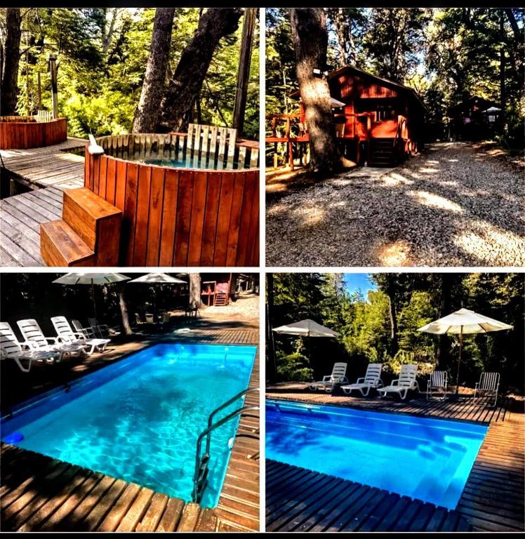 un collage de photos d'une piscine et d'une maison dans l'établissement Cabañas Termas de Chillán, à Las Trancas