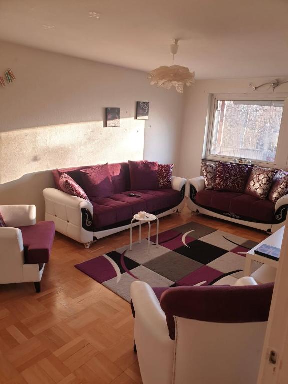 a living room with two couches and a rug at Fritidslägenhet Hyltebruk in Hyltebruk