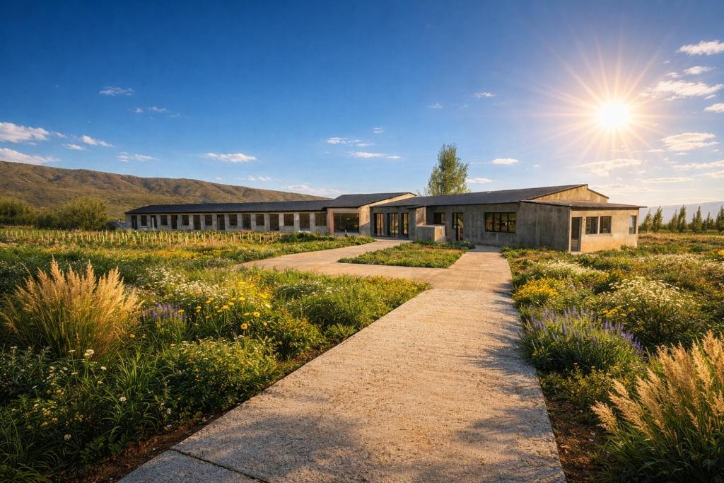 a building with a field of flowers in front of it at Om infinity - Pre opening in Tupungato