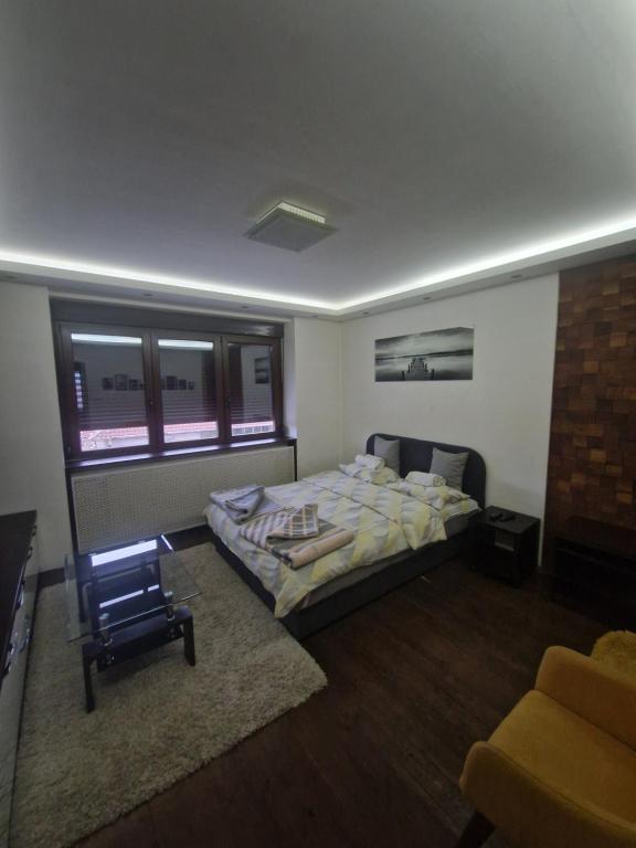 een slaapkamer met een bed en een stoel bij Leon in Gornji Milanovac