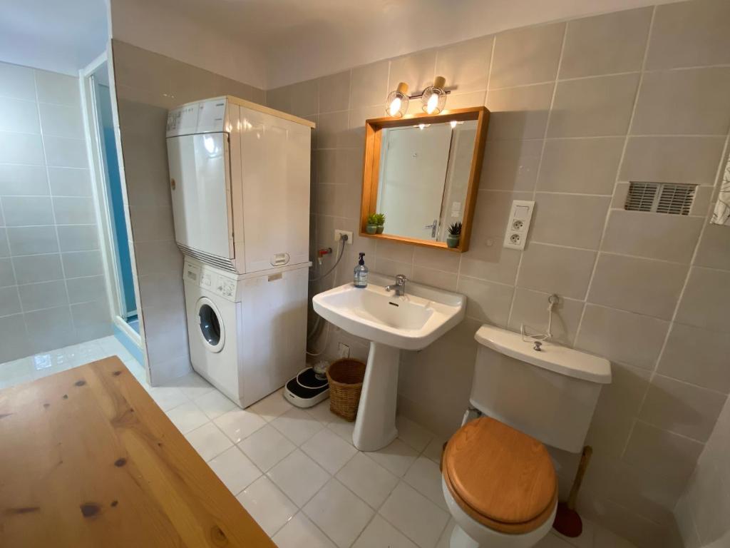 un bagno con lavandino, WC e specchio di Chambre indépendante maison Typique Provençale a Seillans