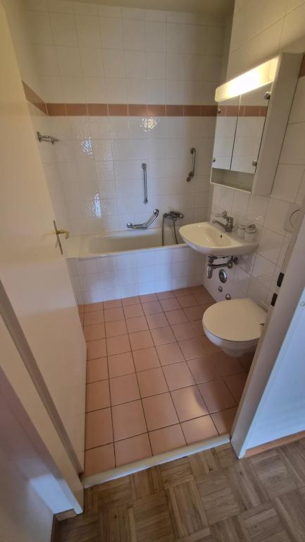 une salle de bain avec toilettes, lavabo et baignoire dans l'établissement Sunny Place Geneva 15 min Train, à Versoix