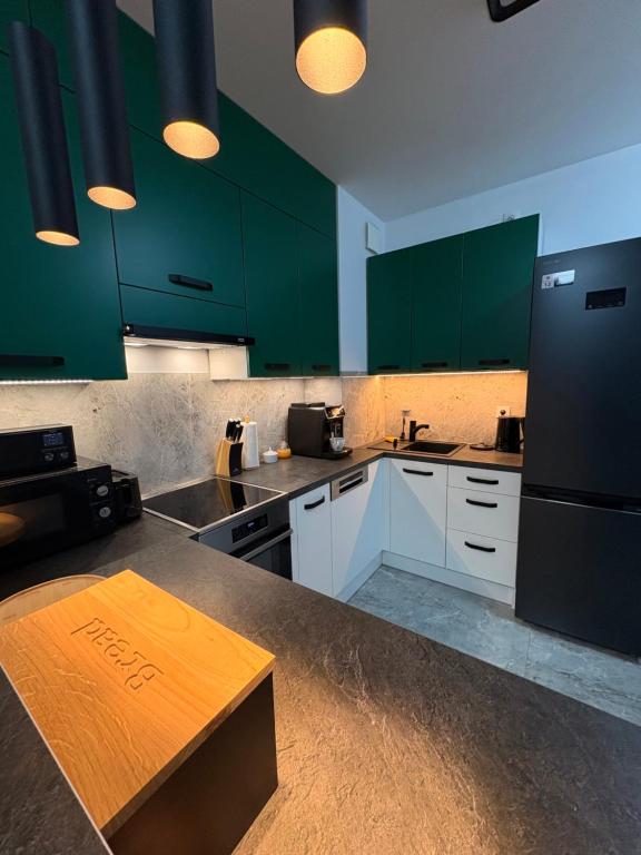 a kitchen with green cabinets and a counter top at Krapkowice Odrzańskie Tarasy in Krapkowice