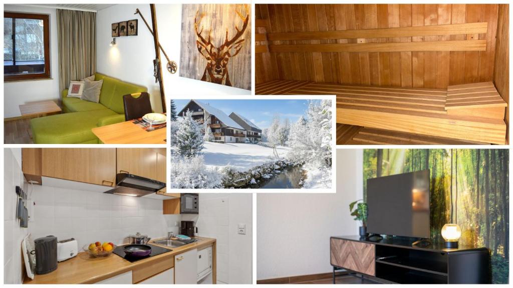 a collage of pictures of a kitchen and a house at Ferienhaus Albmatte-Sauna im Haus-gemütliche Apartments in St. Blasien