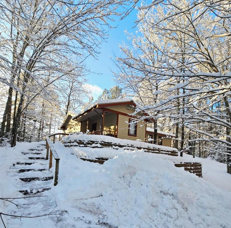 a log cabin in the snow with a set of stairs at Sunset on the Bay Condo in Hayward