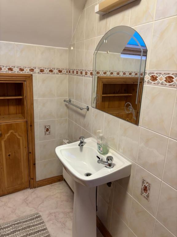 a bathroom with a sink and a mirror at Sonnys Rest in Ardara