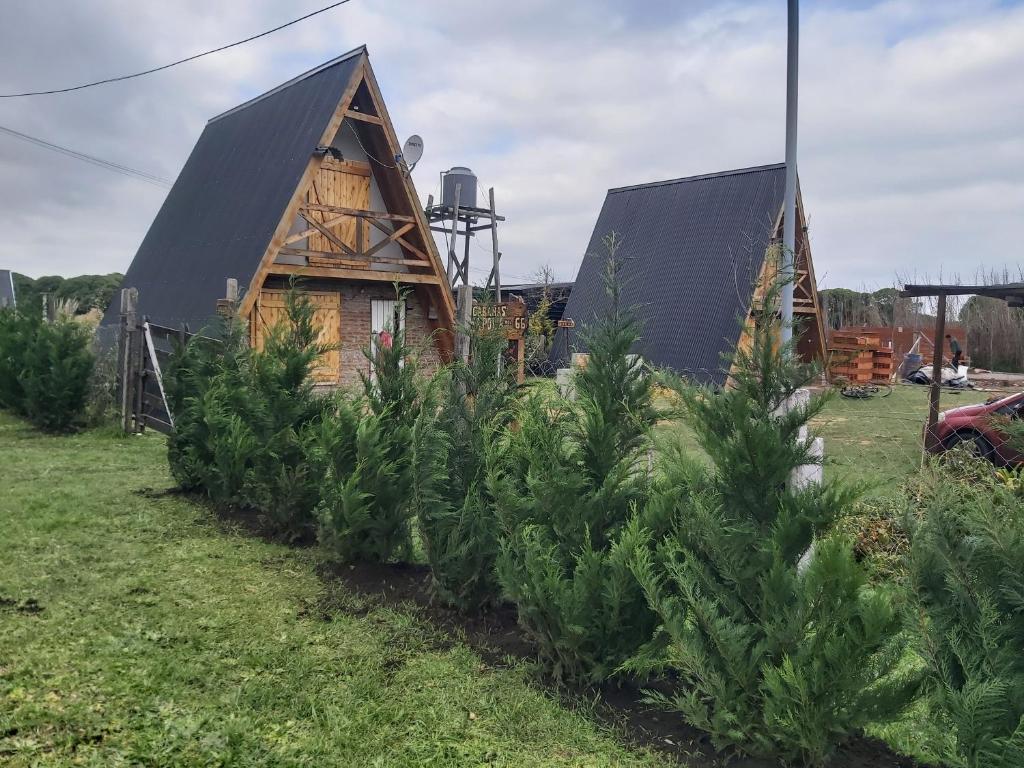 a house with a bunch of christmas trees in front of it at Cabañas Amapola del 66 in Miramar
