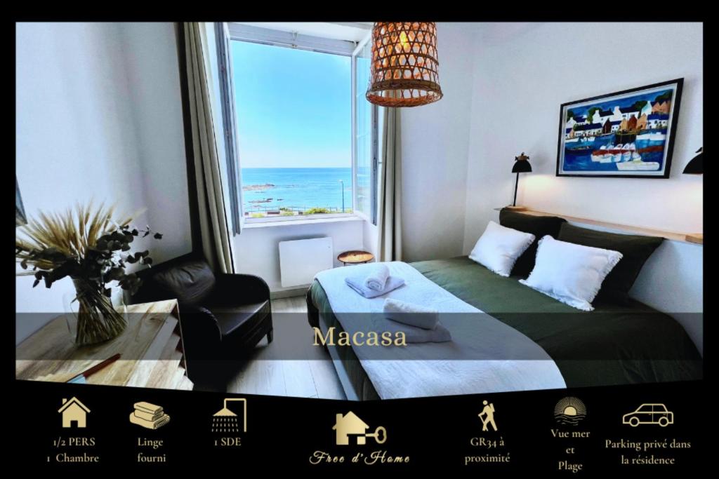 En eller flere senge i et værelse på Macasa, vue mer, cosy, parking privé, GR34 2 personnes