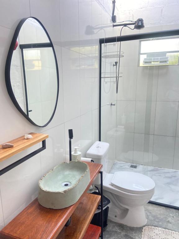 un bagno con lavandino, WC e specchio di Sítio Buscafé a Ibicoara