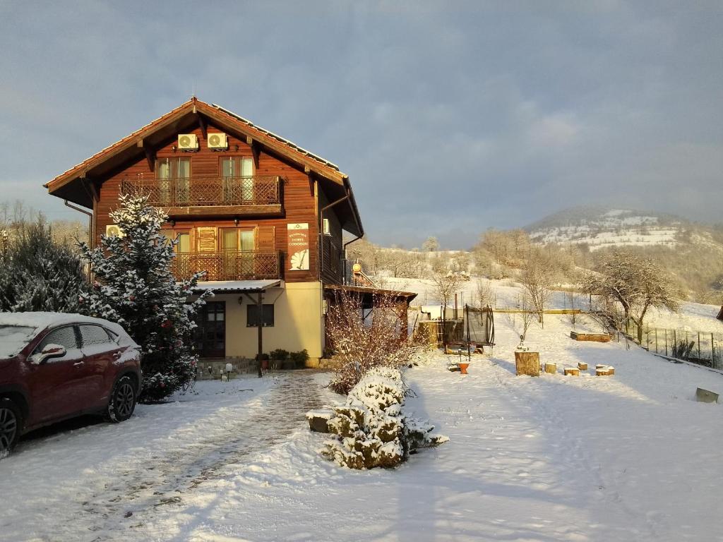 een huis in de sneeuw met een auto voor de deur bij Pensiunea Dorel Codoban in Lazuri