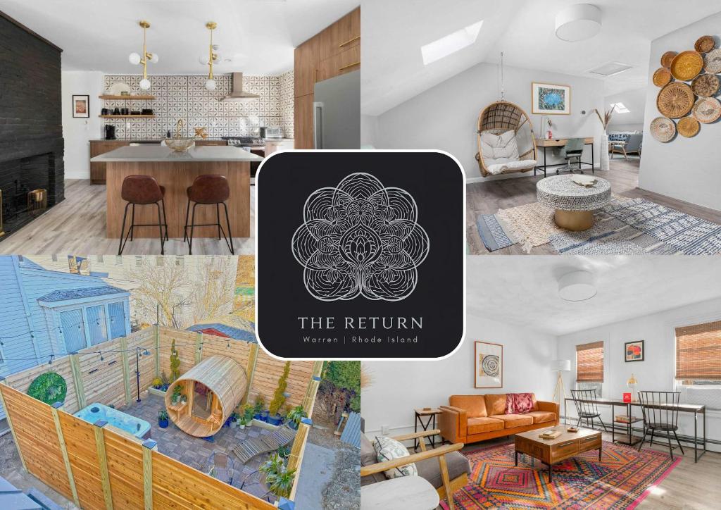 a collage of photos of a kitchen and a living room at The Return - Multi-Unit Retreat - Sleeps 16 - Spa in Warren