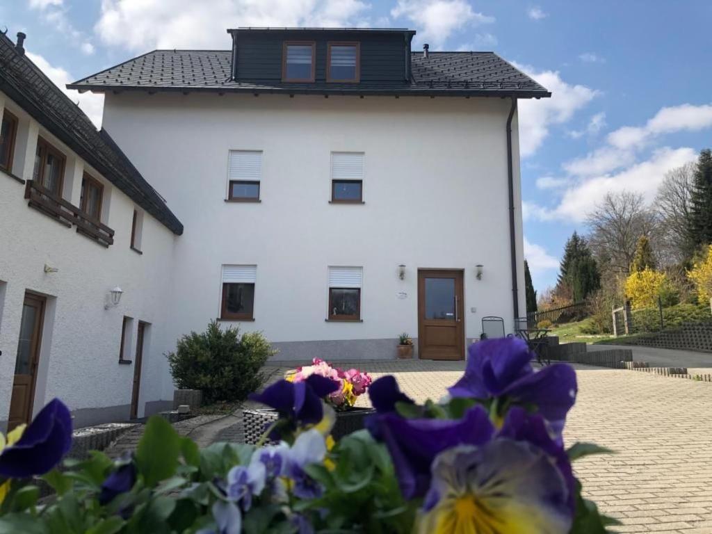 a white building with purple flowers in front of it at Apartment Gästehaus Siebert by Interhome in Bad Brambach