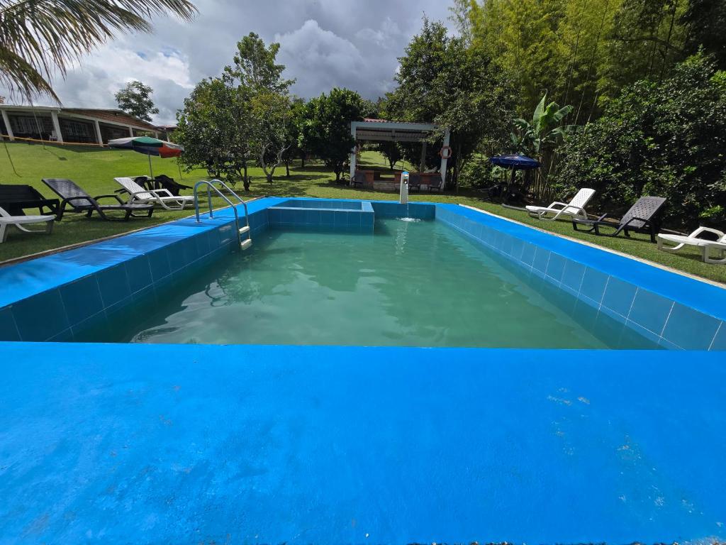 a blue swimming pool with chairs in a yard at la hogareña in Calima