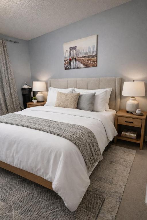 En eller flere senge i et værelse på Cozy Primary Room with Own Bathroom