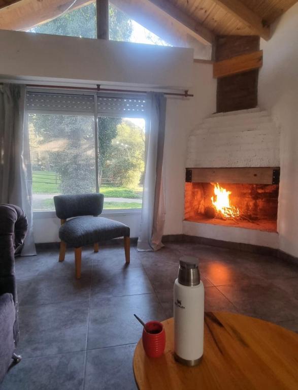 a living room with a fireplace and a coffee table at La esmeralda verde in Villa Ventana