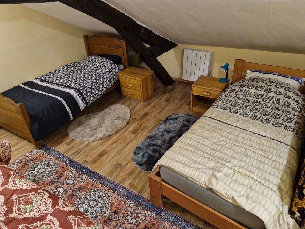 a bedroom with two beds and wooden floors at Carthage in Vierzon