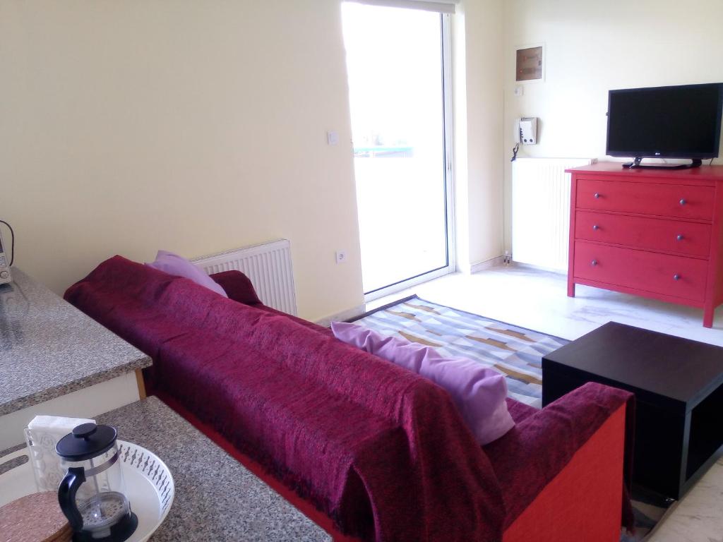 Apartment Elena في بيرايوس: غرفة معيشة مع أريكة حمراء وخزانة حمراء
