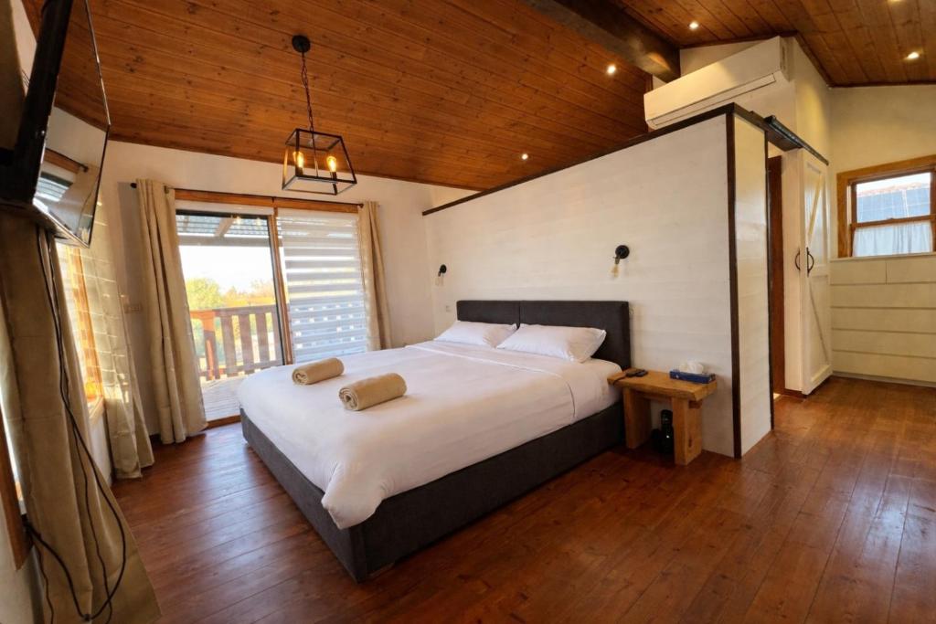 una camera da letto con un letto grande e una grande finestra di Villa Gshur a Eli Ad