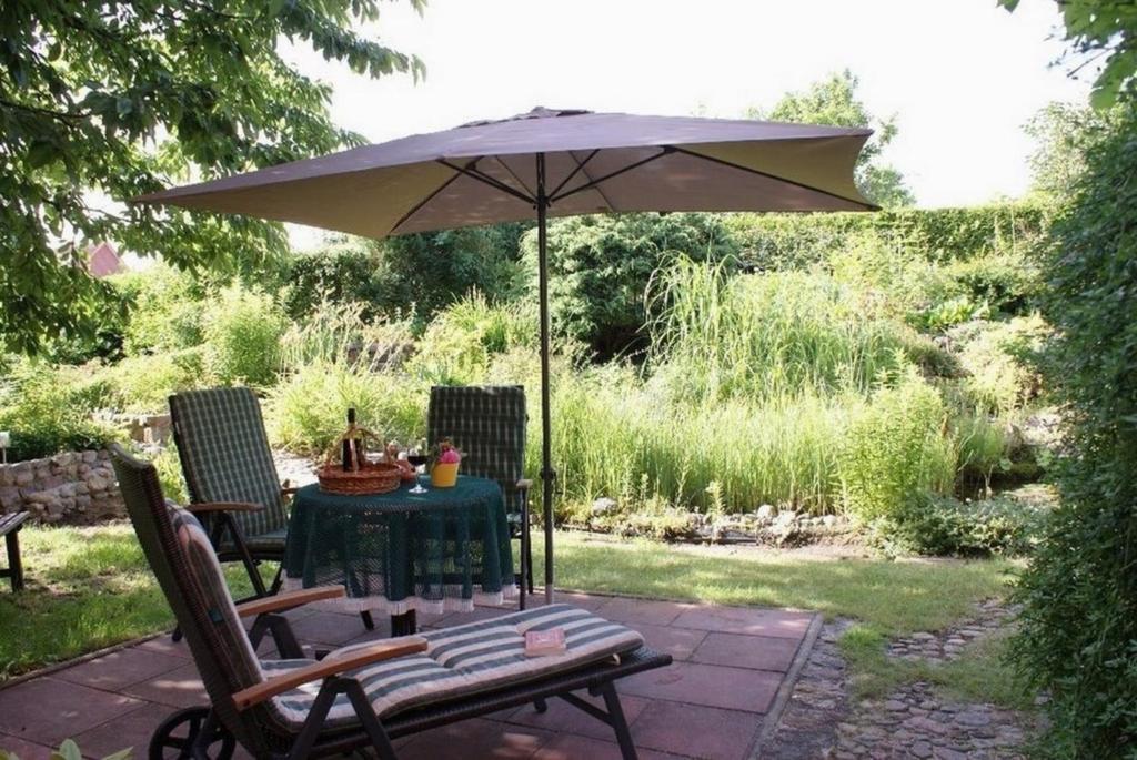 a table and chairs under an umbrella on a patio at Am Hang - ABC163 - nur Feriengäste! in Pinnow