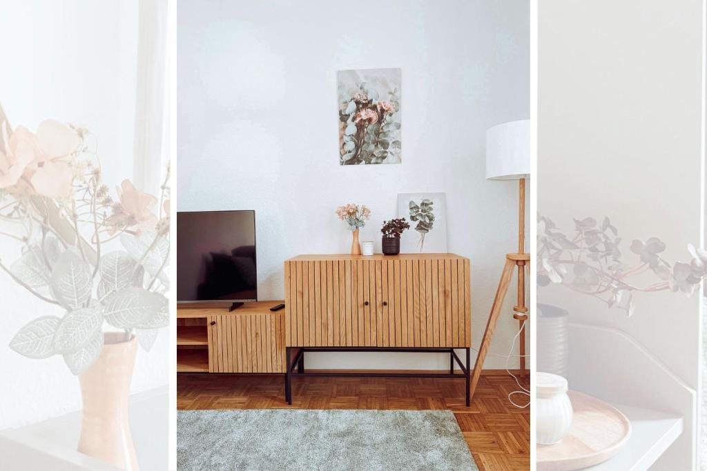 two views of a living room with a tv and a cabinet at Niedere Burgstraße - im Herzen der Altstadt in Pirna