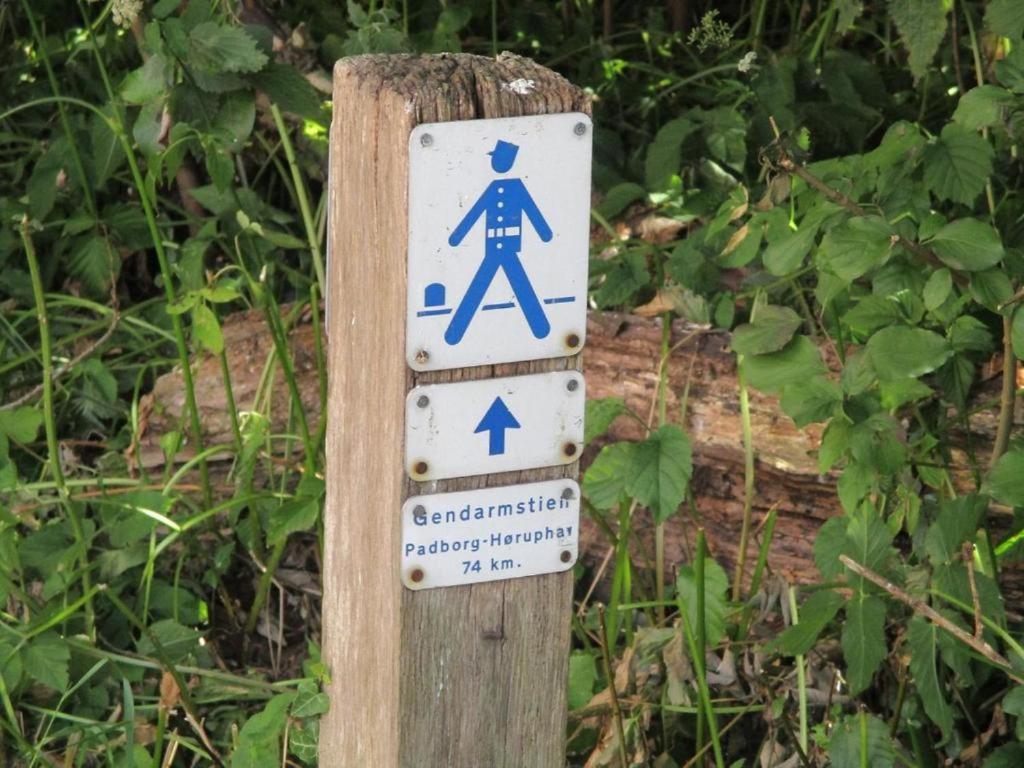 un cartello blu e bianco su un palo di legno di Padborg Inn - Simple Rooms & Modern Apartments a Padborg