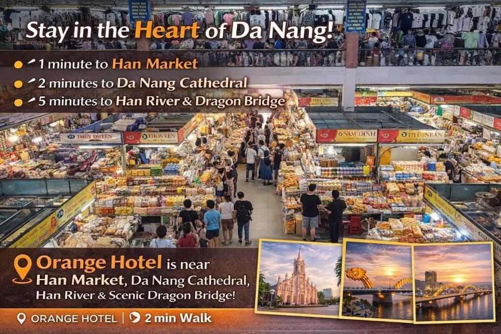 a flyer for a market with people walking around at ORANGE Hotel - near Dragon Bridge & the Cathedral, in the Heart of the City, Warm as Home in Da Nang