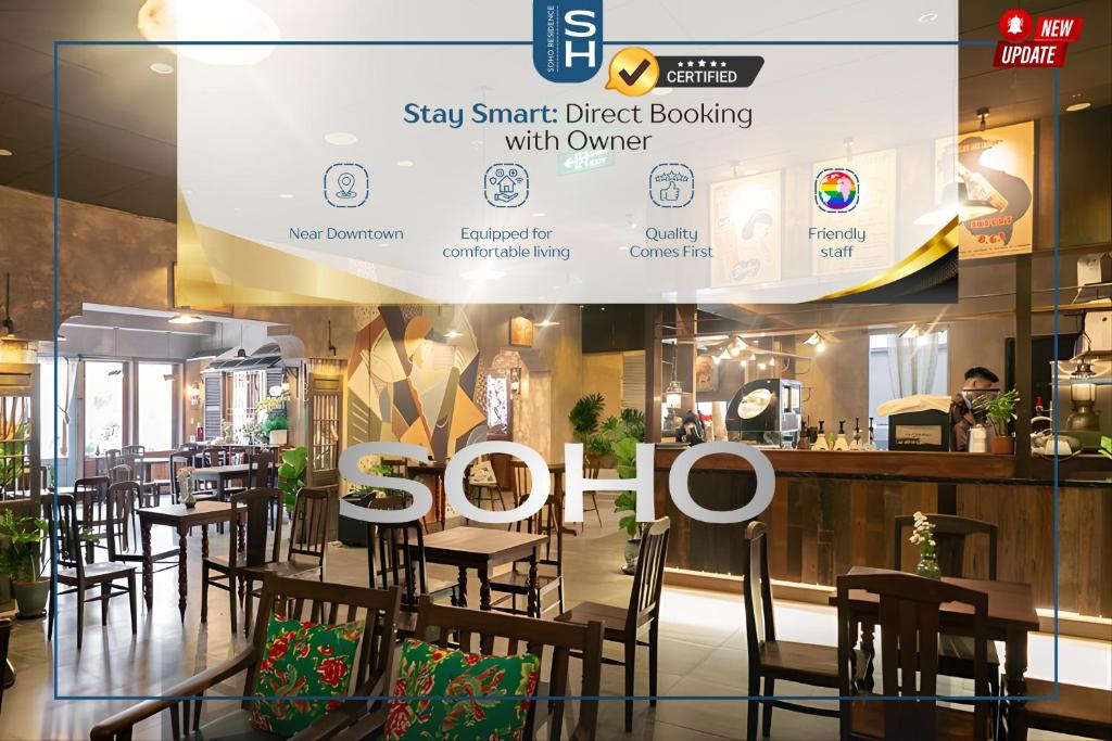 a restaurant with chairs and a sign that says soo at SAIGON HOMEY - SOHO RESIDENCE - Official Comfort in the Heart of District 1 in Ho Chi Minh City