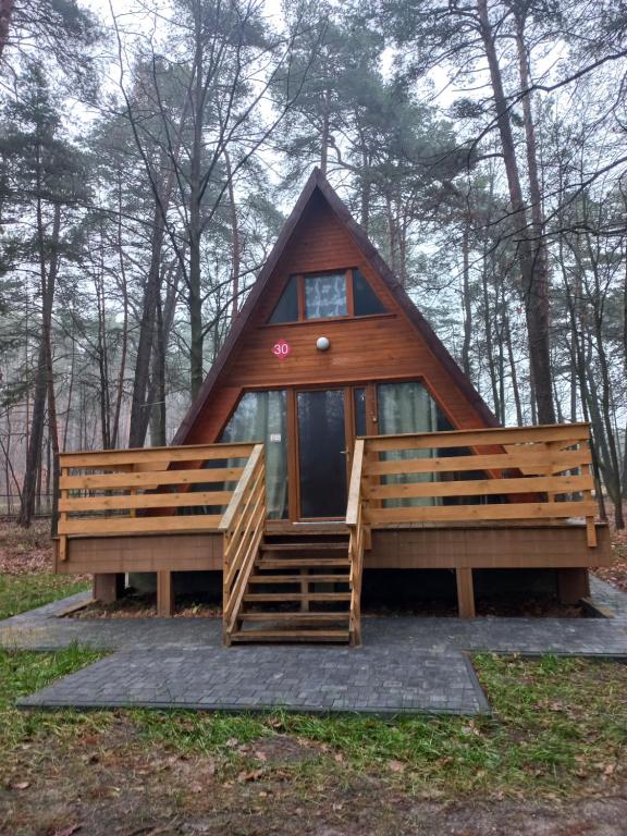 een klein huisje in het bos met een groot raam bij Domek pod Czubatką in Bocheniec