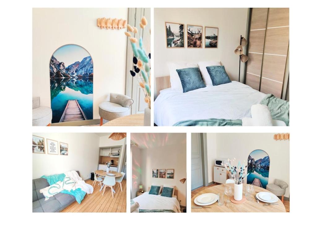 een collage van foto's van een slaapkamer en een woonkamer bij La lueur boréale in Belfort