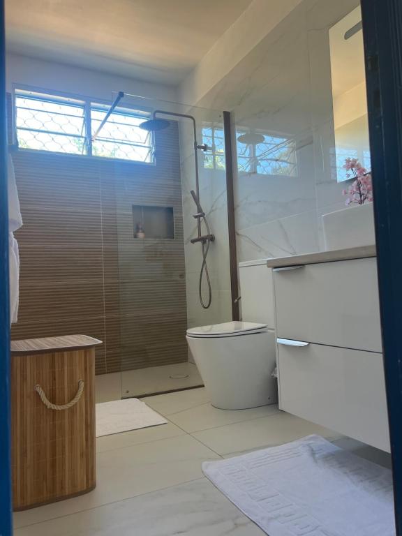 een badkamer met een douche en een toilet. bij Vi la dous Kreyol in Sainte-Rose