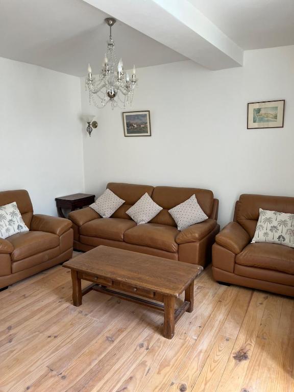 a living room with two brown couches and a coffee table at Gite St Vincent in Foix
