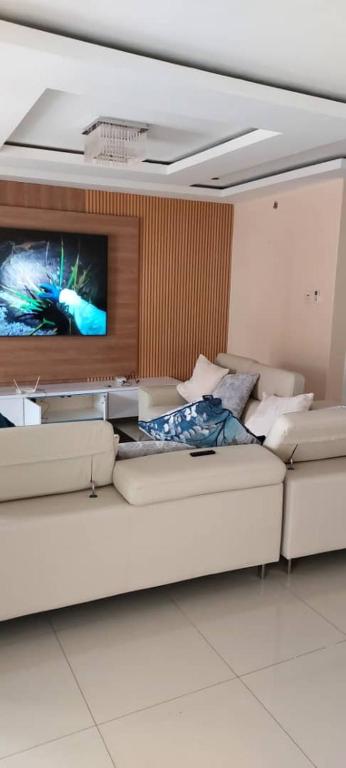 ein Wohnzimmer mit 2 weißen Sofas und einem TV in der Unterkunft Hillview Executive Self-Catering House in Blantyre